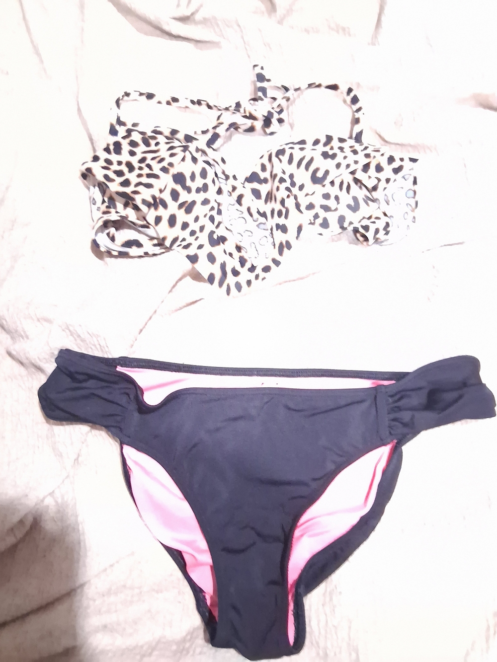 Victoria's Secret Leopard Print Top with Black and Pink Bikini Bottoms